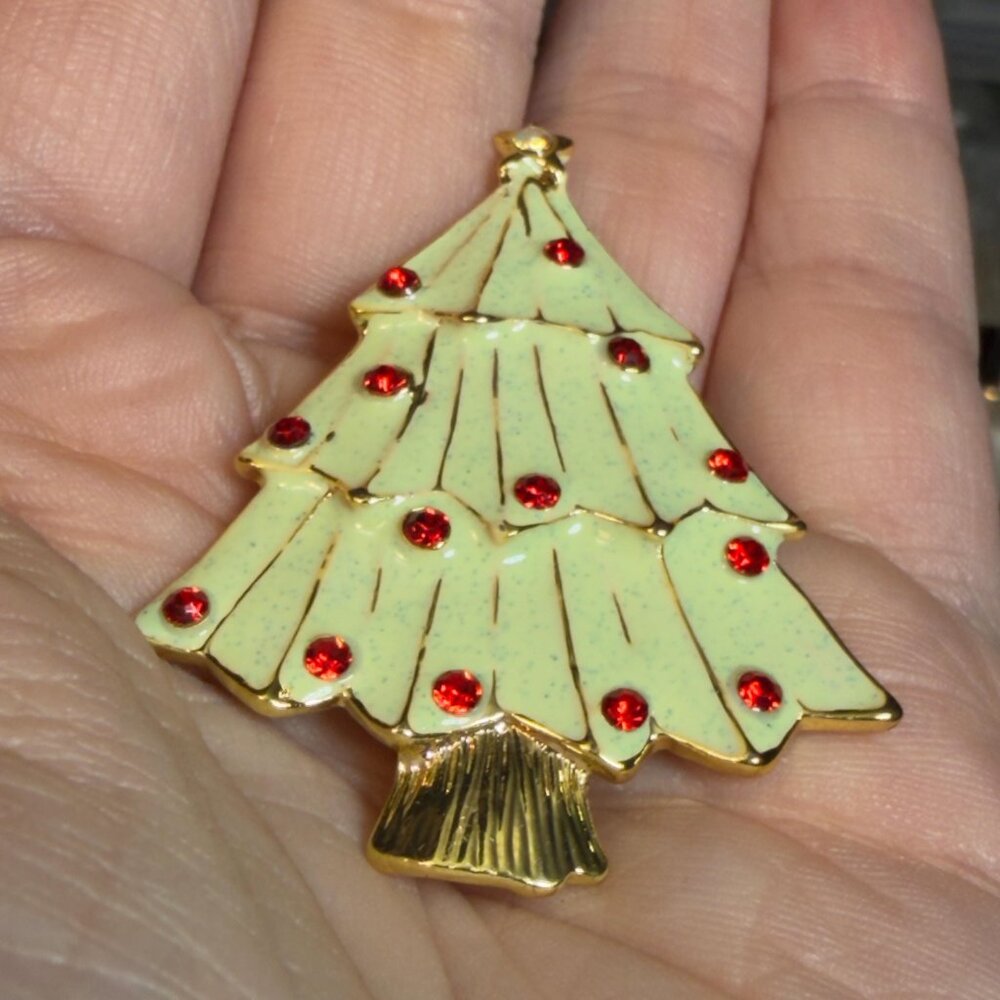 Christmas Tree Brooch Enamel Red Rhinestone Holiday Pin 2 Inch RARE - Picture 3 of 5